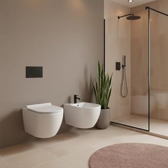 Foto di LANERI Coppia Sanitari Sospesi Bent Rim – Vaso + Bidet Rimless Bianco Lucido – Coprivaso Soft-Close