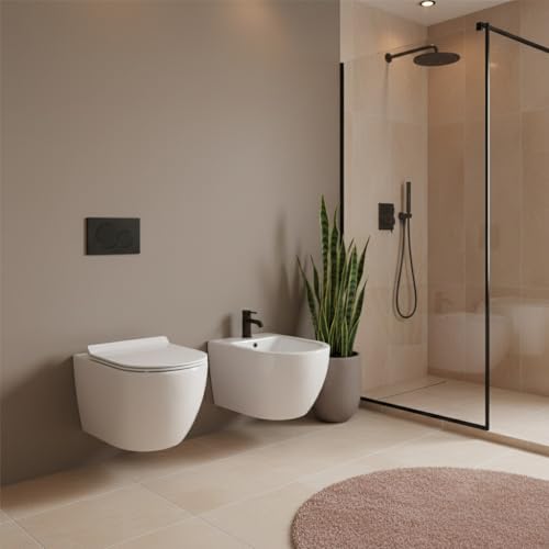 LANERI Coppia Sanitari Sospesi Bent Rim – Vaso + Bidet Rimless Bianco Lucido – Coprivaso Soft-Close
