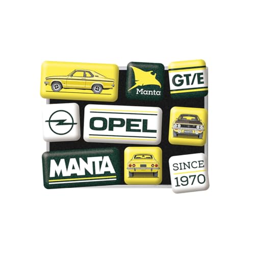 Nostalgic-Art Retro Kühlschrank-Magnete, 9 Stück, Opel – Manta – Geschenk-Idee für Opel-Zubehör Fans, Original Lizenzprodukt (OLP), Magnetset für Magnettafel, Vintage Design