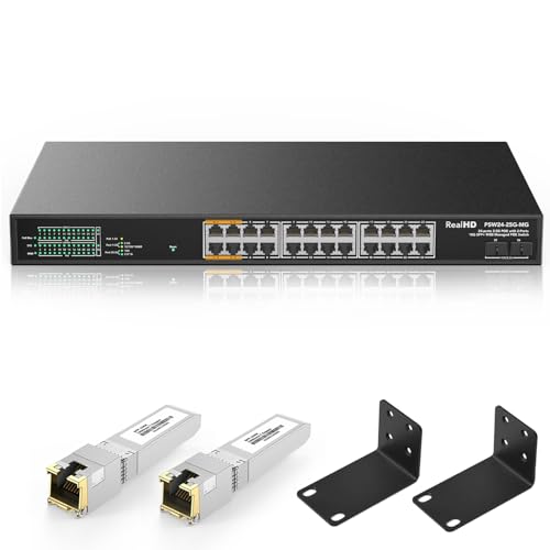 Image of 24 Port 2.5Gb PoE+ Managed Ethernet Network Switch 24 PoE+ Port @500W, PoE++ Port 1-4 Up to 90W Each | 2 x 10G SFP+ | IEEE 802.3bt / at / af | 19In Rack Mount | 2-Pack 10Gb SFP+ to RJ45 Module 98Ft(30m)