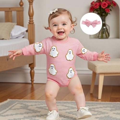 Newborn Baby Girl Halloween Outfit Pumpkin Stripe Long Sleeve Waffle Knit Romper Infant Bodysuit Fall Winter Clothes2