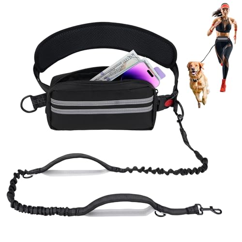 Joggingleine Hunde, Freihandleine Laufleine Hundeleine mit Bauchgurt, Abnehmbare Hüfttasche, 1.45-2M Bungee-Laufleine Hundeleinen für Mittelgroße Große Hunde bis zu 50 kg