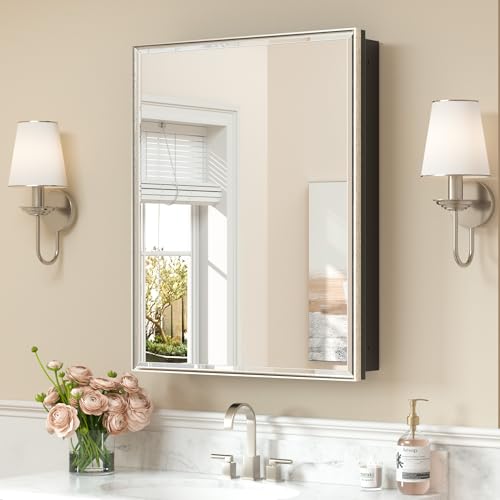 Image of Keonjinn Bathroom Medicine Cabinets with Mirror, 24 inch x 30 inch Brushed Nickel Medicine Cabinet, Recessed or Wall-Mounted, Aluminum Alloy Framed, Farmhouse Bathroom Mirror with Storage Cabinet
