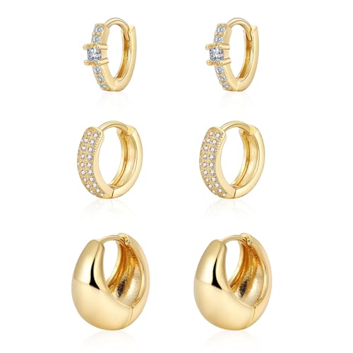ASCOMY 3 Pairs Gold Hoop Earrings for Women Gold Earrings Set Twisted Huggie Hoops Earrings 14K Gold/White Gold Plated Lightweight Hypoallergenic Chunky Open Hoop Earrings Set Jewelry Gifts for Women 6