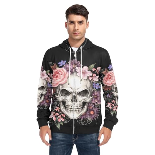 Image of ALAZA Men's Hoodie,Sugar Skull Floral The Day Of The Dead Zip-Front Sweatshirt
