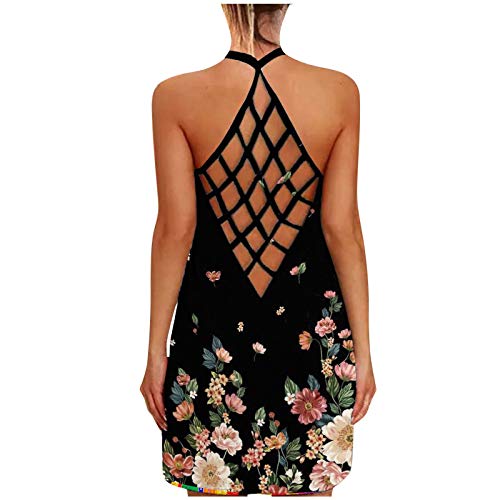 Vestido feminino sem mangas com estampa floral de verão sem mangas vestido de verão vazado frente ún
