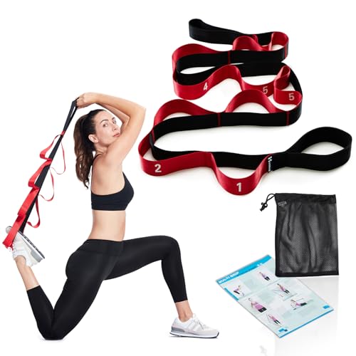 Stretching Strap with Loops, Leg Stretch Bands for Exercise, Yoga Strap for Physical Therapy, Fascia Stretcher Belt (Red)