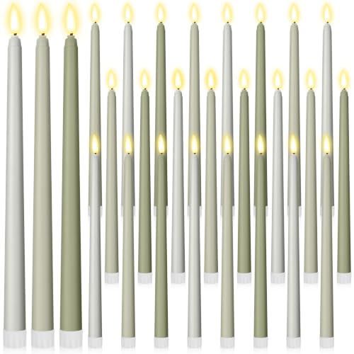 Image of Macarrie 24 Packs Flameless Taper Candles Battery LED 11 inch,Sage Green | Fake Candlelight Flameless Candlesticks Flickering Tapered for Weddings, Parties, Decor, Summer Fall Event