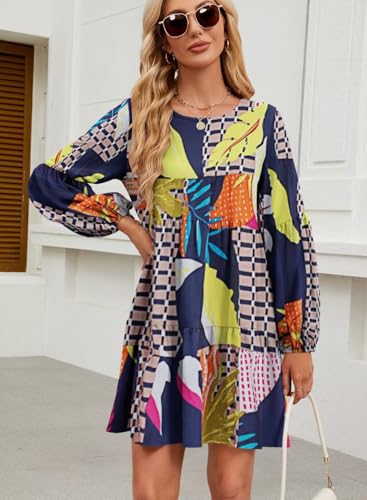 Image of QACOHU Falll Dresses for Women 2026 Crew Neck Long Lantern Sleeve Casual Loose Flowy Swing Shift Dress