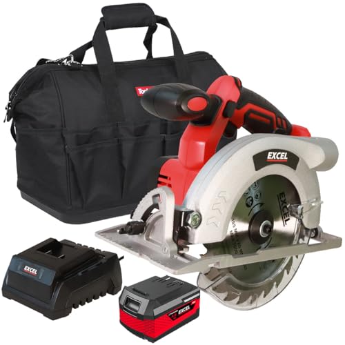Excel 18V Cordless Circular Saw 165mm with 1 x 4.0Ah Battery Charger & Bag EXL10124 - Variable Speed 3800RPM - Spindle Lock - Aluminium Base - Bevel Cutting - Parallel Guide Fence - Blade Cover