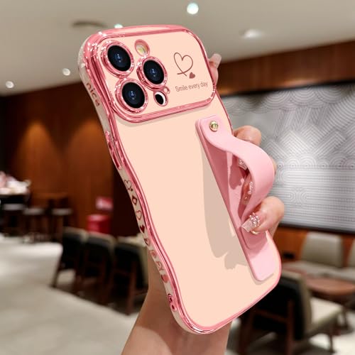 LLZ.COQUE for iPhone 15 Pro Case for Women Girls with Strap, Wave Frame Cute Love-Heart Plating Luxury Bling Stand Cover, Raised Full Camera Soft TPU Protective Phone Case for iPhone 15 Pro, Pink by LLZ.COQUE - Used condition - Image 2