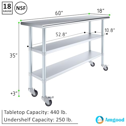 Image of AmGood Stainless Steel Work Table with 2 Shelves and Casters | Metal Utility Table On Wheels (Stainless Steel Work Table with 2 Shelves + Casters, 60 inch Long x 18 inch Deep)