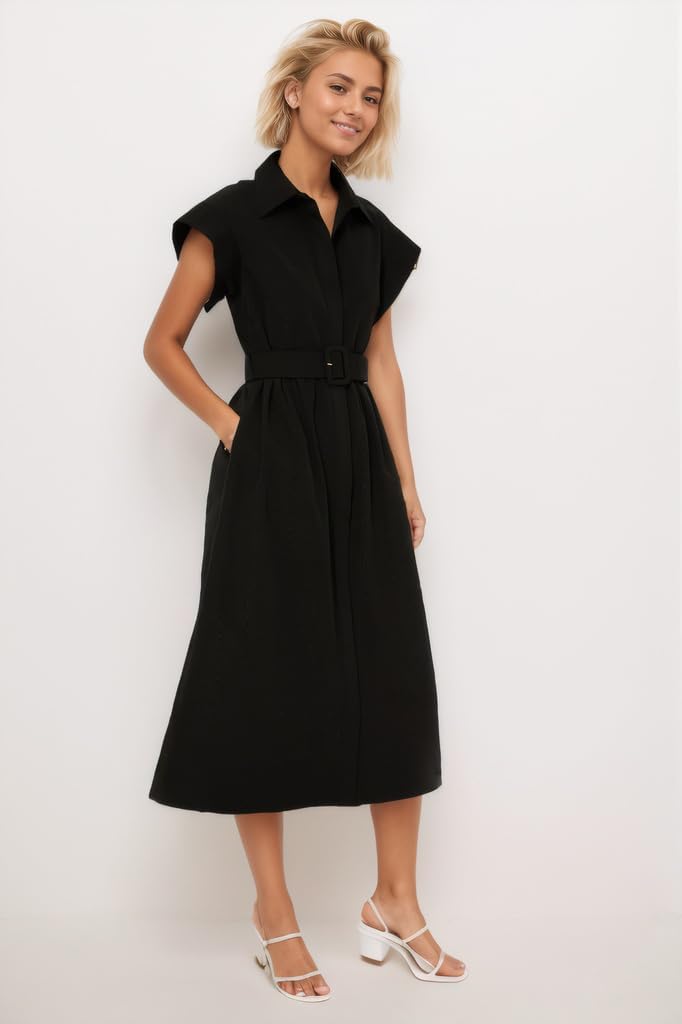 Ladyful Women Casual Button Down Shirt Dress Short Wing Sleeve Buiness Midi Shirt Dress with Belt Elegant Dress