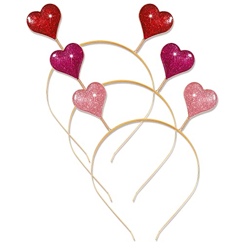 PHALIN 3PCS Valentine’s Day Heart Headbands for Women Glitter Rhinestone Heart Hairbands Sweet Love Hearts Hair Hoop Festive Hair Accessory Gifts (3PCS Hearts Headband)