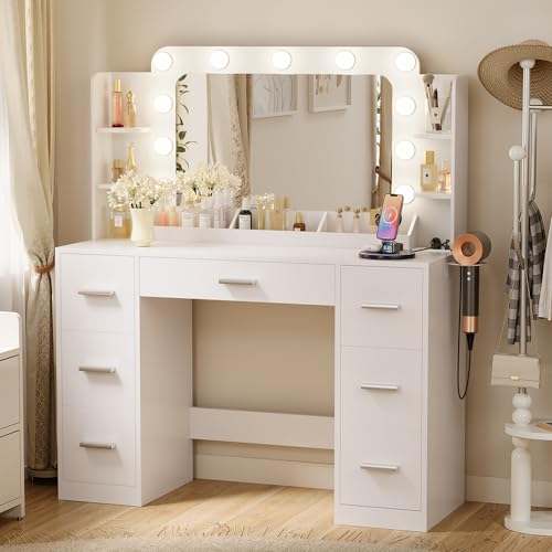 Image of Furmax Vanity Desk with Hollywood Style Mirror with LED Lights, Makeup Table Vanity with 2 AC Outlets and1 USB&1 Type-C Port, Adjustable Lighting, Modern Ample Storage Drawers Dressing Table (White)