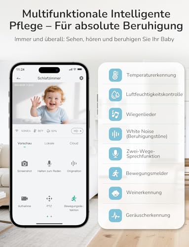 GHB Babyphone mit Kamera App WiFi 2K IPS 5 Zoll WLAN Babyphone PTZ 350°/65° VOX Bewegungs-/Geräusch-/Weinerkennung Nachtsicht 4 Zoom Nachtsich