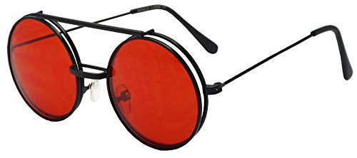 Round Circular Django Flip-Up Steampunk Inspired Metal Two in One Sunglasses (Black | Red Lens, 53)