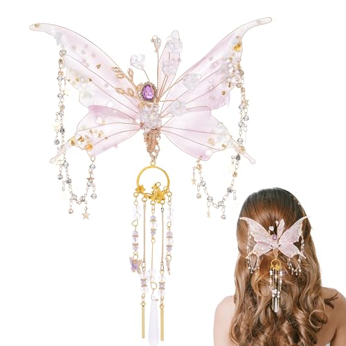 FRESHME Fairy Butterfly Hair Clip - 1 Pc Pink Butterfly Wings Hair Accessories with Tassel Elven Hair Clamp Elf Claw Clip for Photoshoot Prom Renfaire Wedding Fantasy Costume Cosplay