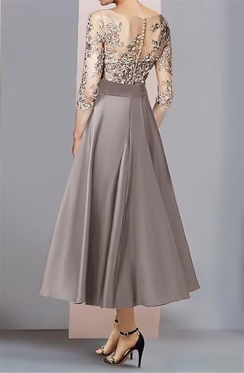 Satin Tea Length Mother of The Bride Dresses for Wedding 3/4 Sleeve Lace Applique Mother of The Groom Dresses for Women2