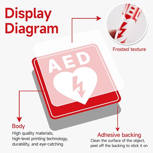 4PCS AED Sign Stickers, Waterproof Durable Automated External Defibrillator Inside Label with Arrows, Emergency AED Accessories for Wall Cabinet, Home & Box(Red)