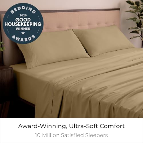 Image of Mellanni California King Sheets Set - 4 PC Iconic Collection Bedding | Hotel Luxury, Extra Soft, Cooling Bed Sheets - Wrinkle, Fade, Stain Resistant (Cal King, Gold)