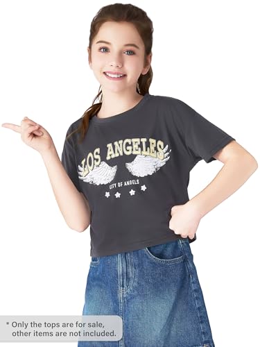 Image of Dvenki Girls Graphics Crop Short Sleeve Crewneck Tee Size 6-18 | soft cotton blend fabric, cropped short hem, fun graphic print, casual summer tops for school and vacation
