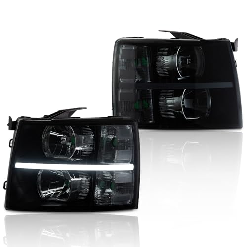 CNNELL LED DRL Headlight Front Lamps Compatible with Chevy Silverado 1500 2007-2013/2500 3500 & HD Models 2007-2014(LED Clause Type Smoky lens Black Housing Clear Reflector) 22853027, 22853028, Pair