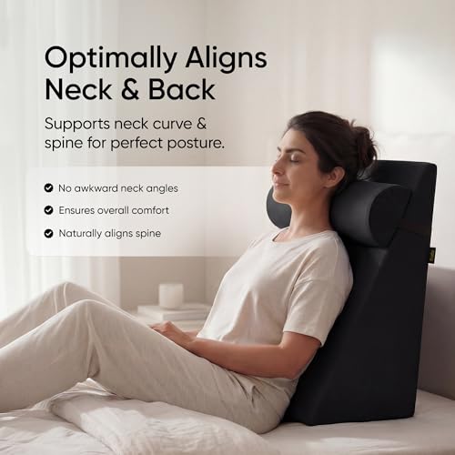 Image of Frido Wedge Plus Cushion with Neck Rest Pillow Combo | Dual Foam Wedge Cushion with Adjustable Roll | Back, Neck, Knee & Leg Support | for Post-Surgery, Pregnancy | Washable Covers, Black