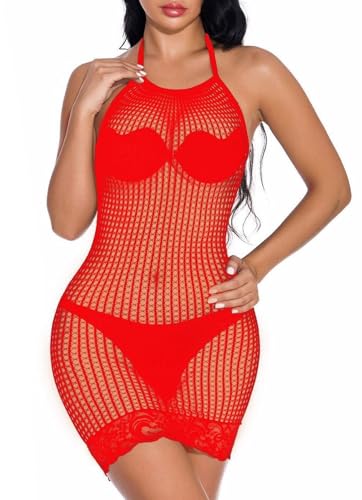 MIZSPISE Damen Dessous Fischnetz Bodysuit Sexy Reizwäsche Minikleid Clubwear Babydoll Nachtwäsche (DE/NL/SE/PL, Alphanumerisch, Einheitsgröße,...