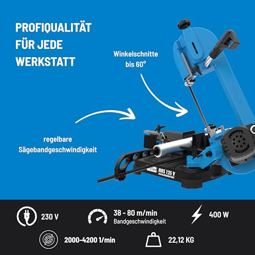 Güde Metallbandsäge MBS 125 V (400 W, variable Bandgeschwindigkeit 38-80 m/min, Winkelschnitte 0-60°, Schnittleistung max. 125 mm, 2000-4200 1/min, Materialanschlag, Schraubstock, Sägeband 1435 mm)