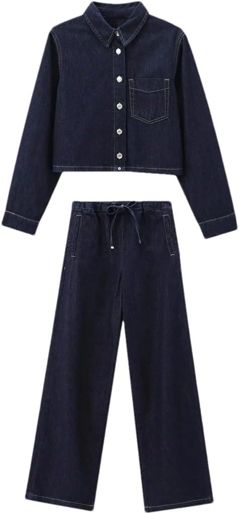 Womens Pleated Denim Shirt And High Waist Wide Leg Pants Set With Drawstring Waist Casual Comfortable Outfit