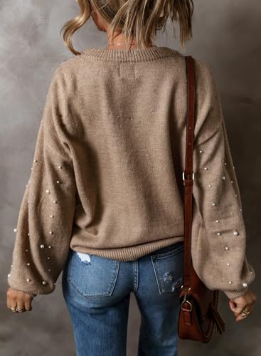 Image of Pearl Sweater for Women Lantern Sleeve Drop Shoulder Crewneck Sweatshirt Knit Chunky Pullover Sweaters with Pearls