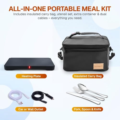 FORABEST Electric Lunch Box & Portable Oven Food Warmer 80W for Adults, Use for Heating and Cooking Meals in Office, Home & Work with Utensils & Insulated Bag, 12V/24V Car/Truck & 110/120V Home/Office