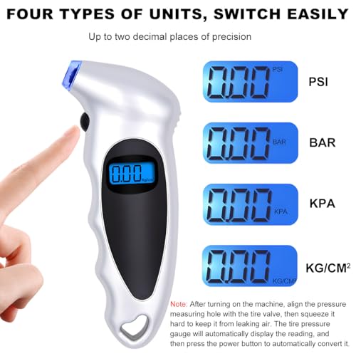Image of KVAEY Digital Tire Pressure Gauge, 150 PSI 4 Settings Accurate Tire Gauge with Non-Slip Grip, Backlight LCD Tire Pressure Gauge Reader Checker Tool for Car Truck Bicycle Motorcycle (Silver)