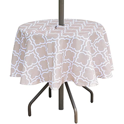 Eternal Beauty 152cm Round Khaki Plaid Indoor Outdoor Splashproof Tablecloth with Umbrella Hole and Zipper for Patio Garden Party and BBQ (60")