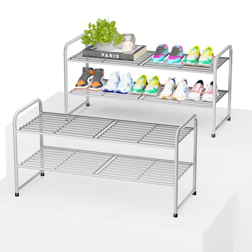 Image of 2 Pack Shoe Rack, 2-Tier Metal Stackable Shoe Shelf Storage Organizer, Heavy Duty Wire Shoe Stand for Entryway, Closet, Hallway, Holds 50 LBS, Gray