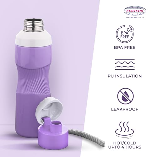 Image of Asian Thumb Grip Insulated Water Bottle 700ml | Steel Inner Flask for Hot & Cold Drinks | Leakproof & BPA Free | Ergonomic Grip for Gym, Office & Travel | Violet Christmas Gifting Essential