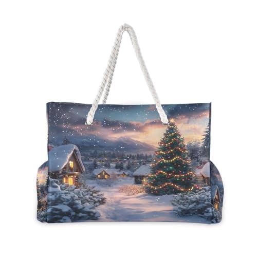 Large Beach Bags Totes Canvas Tote Shoulder Bag Christmas Tree at Night Water Resistant Bags for Gym Travel Daily2