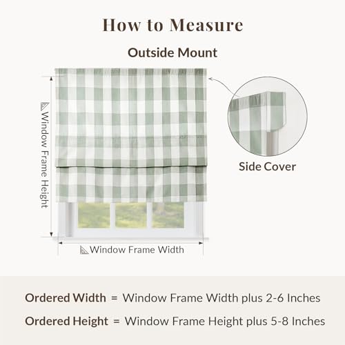 Image of TWOPAGES No Drill Cordless Buffalo Plaid Roman Shades Gingham Checkered Roman Blinds for Windows, Custom Made Room Darkening Blinds Farmhouse Shades, Light Green Grid, 1 Piece