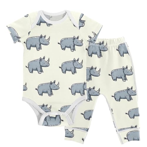 vvfelixl Cartoon Rhino Stick Figure Baby Bodysuits Set,Baby Layette Sets Unisex Short Sleeve Babys Pants Sets 6-9M