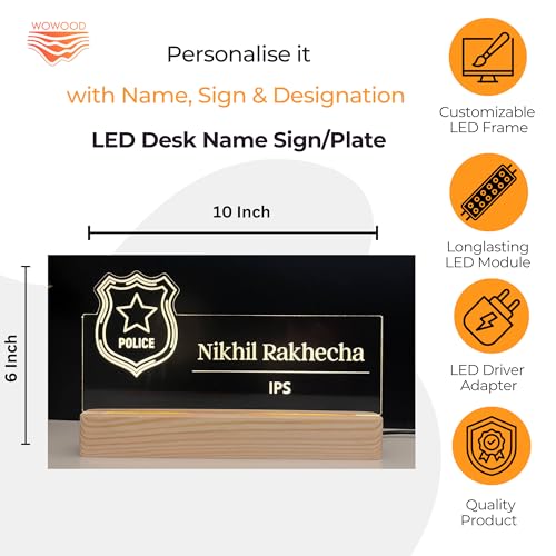 Image of Personalized Acrylic Desk Name Lamp for Police Officers | Custom LED Light with Name, Designation & Badge Logo | Inspector, DSP, SP, DCP, SSP, IPS Officer Gift | Best Police Service Gift (10 x 6 inch) (For Police Officer)