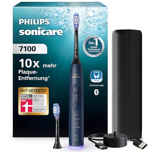 Philips Sonicare 7100 elektrische Zahnbürste, Schallzahnbürste mit App, 4 Putzmodi, 3 Intensitätsstufen, Andruckkontrolle, EasyStart, SmarTimer, Marineblau, Modell HX7423/01 [Neue Technologie]
