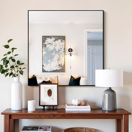 Image of COFENY Black Bathroom Mirror for Wall, 30x30 Inch Rectangle Mirrors with Metal Frame, Modern Vanity Wall Square Mirror for Bathroom Living Room, Entryway Hangs Horizontal or Vertical