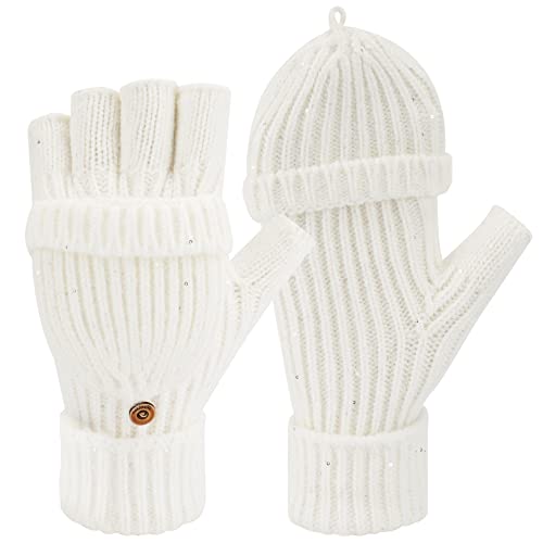 Mujer Invierno Tricotar Guantes Tactiles Sin Dedos Estirar Lentejuelas Guantes Termicos con Cubierta de Dedo Abotonada, Blanco Cover