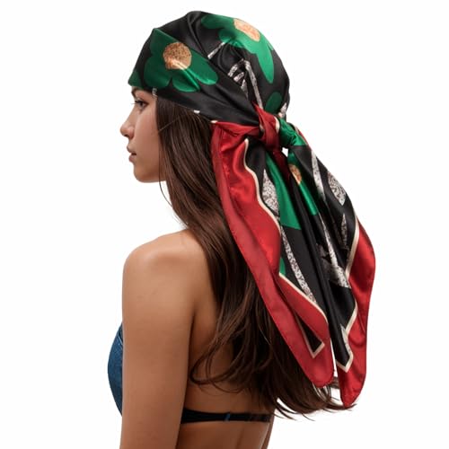 RIIQIICHY Head Scarf for Women Like Silk Scarf Hair Scarf Printed Square Scarf Bandanas for Women 35 Inches Black/Red/Green/Gold