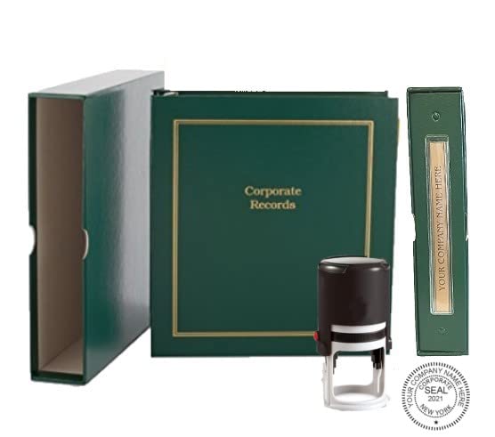 Corporate Kit (Green) - Binder, Slipcase, Minutes & Bylaws, Stock Certificates, Index Tabs & Black R-542 Self-Inking Corporate Seal Stamp