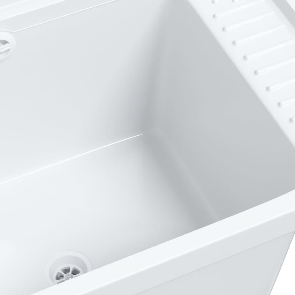 Fregadero de pared blanco 50 x 35 x 24 cm de resina con rebosadero y jabonera para interior y exterior, material de polipropileno resistente, práctico fregadero de jardín y garaje
