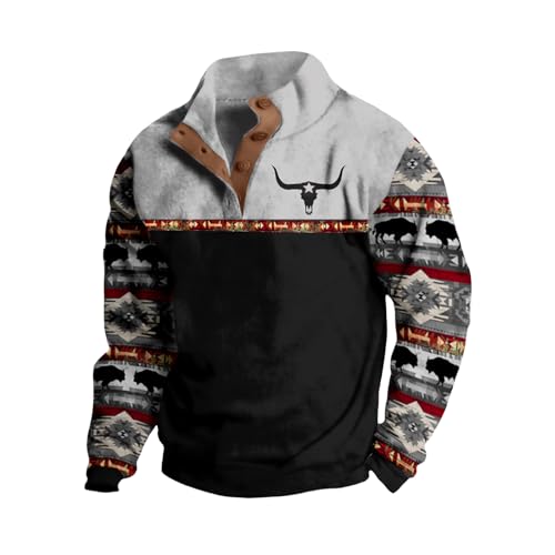 Bengbobar Men's Western Fleece Jacket Cowboy Bull Head Print Pullover 1/4 Zip Stand Collar Long Sleeve Country Sweatshirts