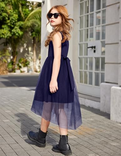 Image of Arshiner Girls Dresses Formal Party Wedding Tulle Sleeveless Contrast Mesh High Low Dress with Belt