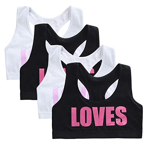 Training Racerback Bras 9-14 Years Girl's Stretch Seamless Sports Cotton Bras with Removable Padding - 4 Pack (White Black)